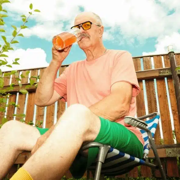 A man with sunglasses is sitting in a folding chair, drinking from a glass.