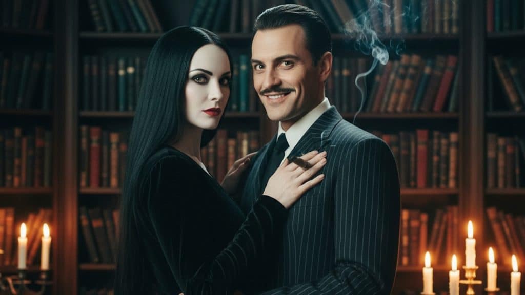 A couple dressed as Morticia and Gomez Addams.