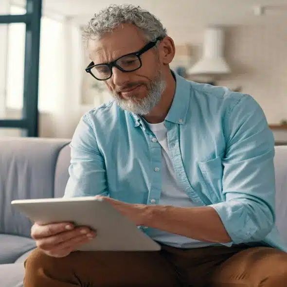A handsome mature man using his device