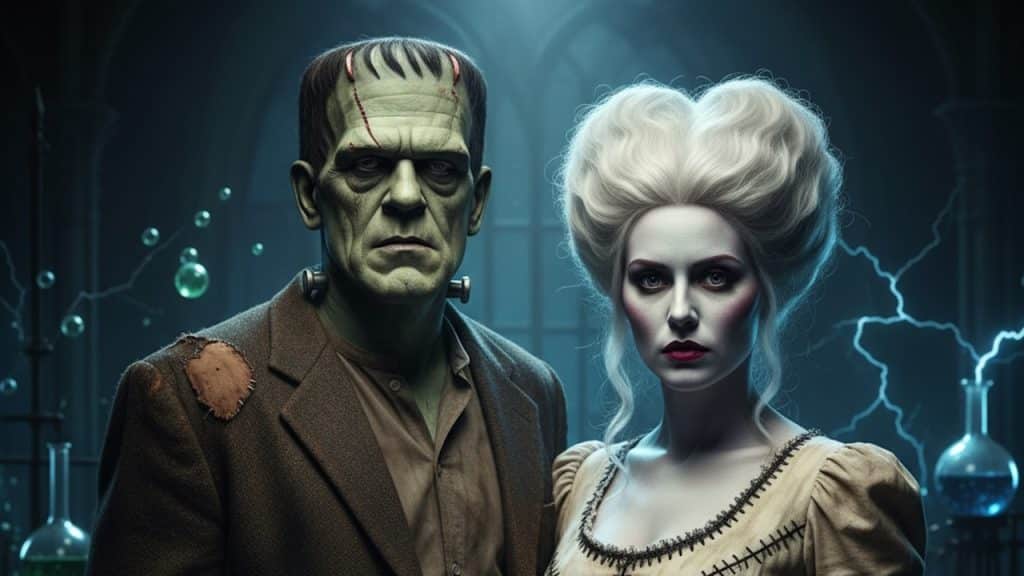 A couple dressed like Frankenstein and his Bride.