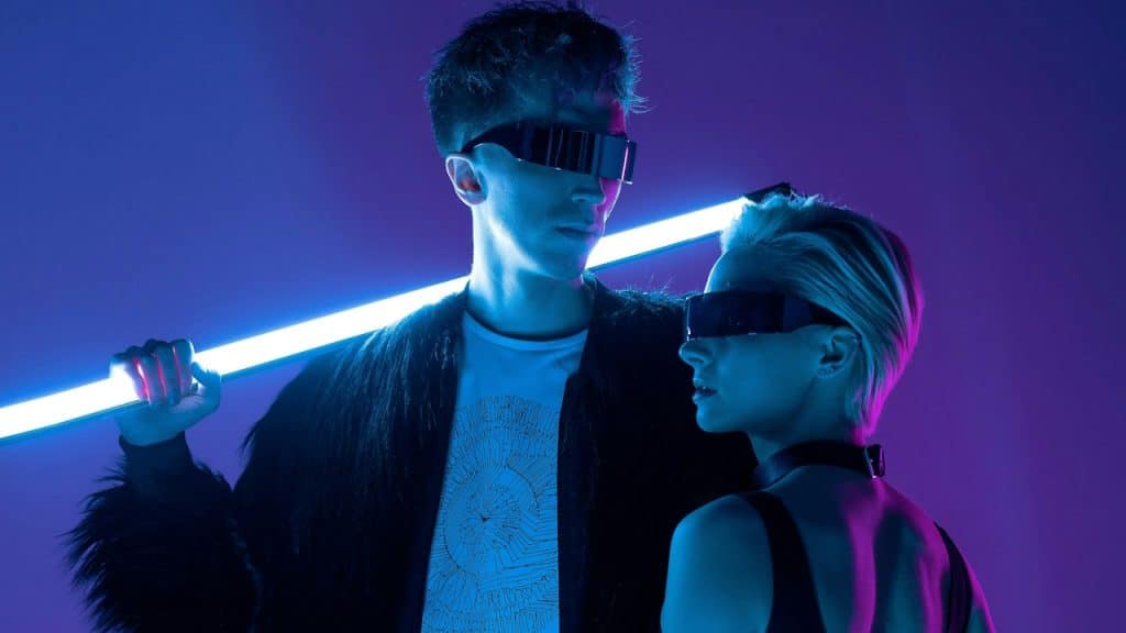 A futuristically dressed couple.