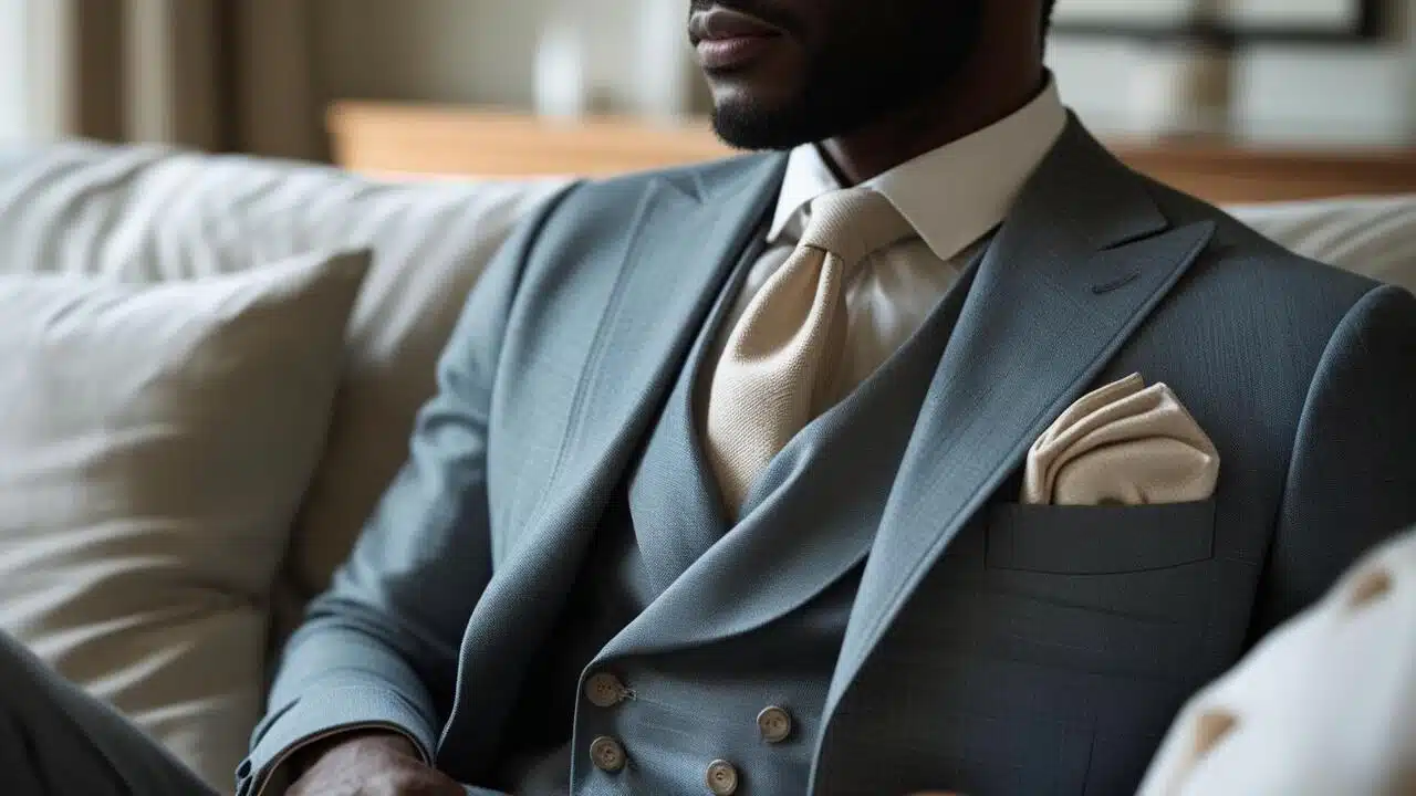 A stylish man wearing a neutral pocket square.