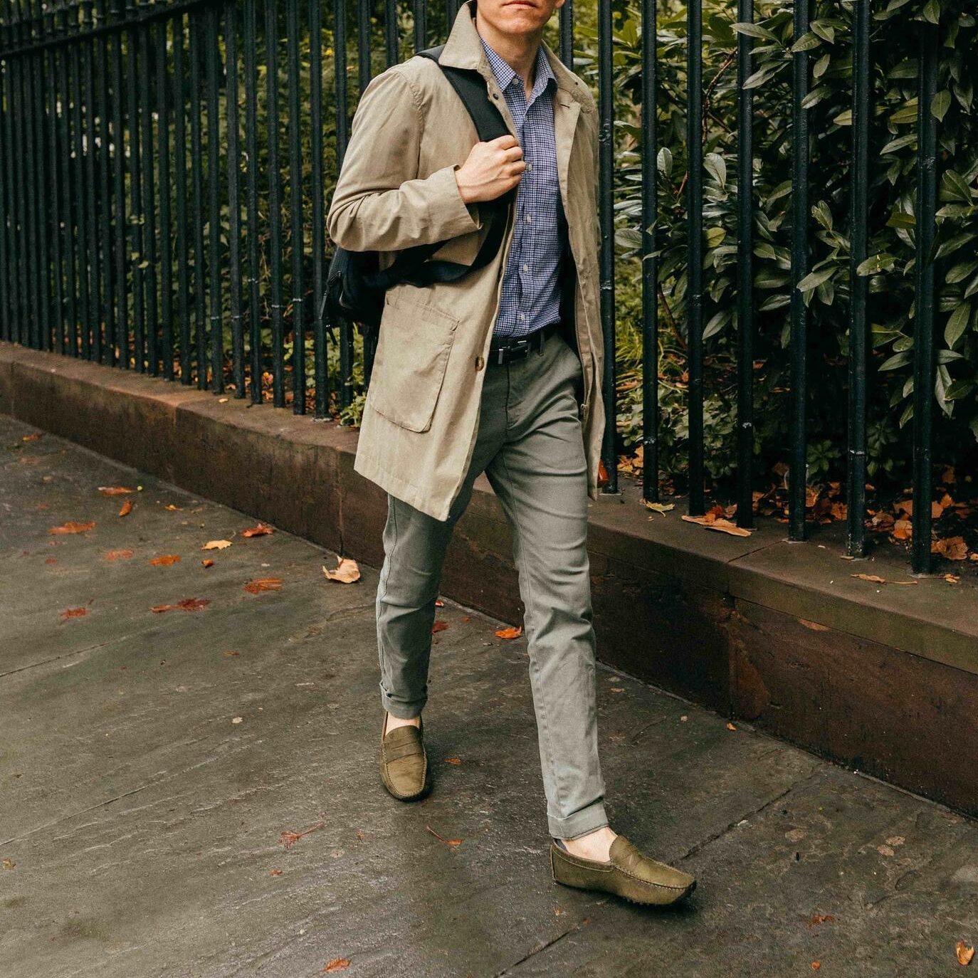 Tan raincoat olive chinos