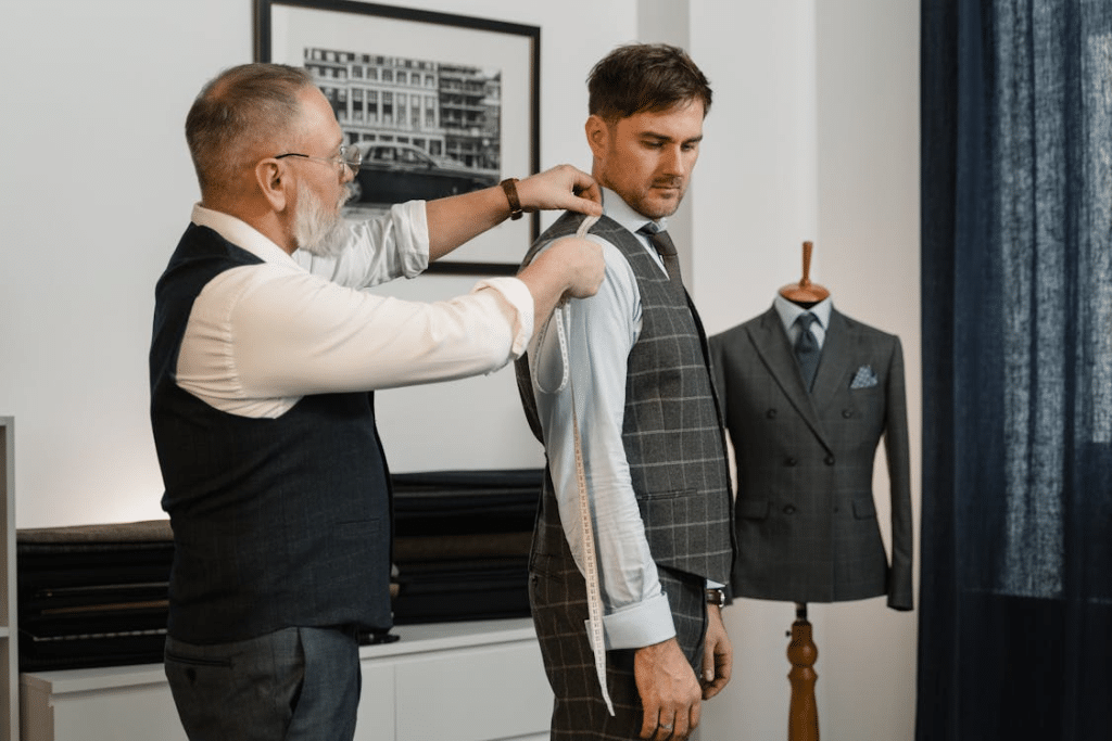 A Tailor Measuring His Client Using a Tape Measure